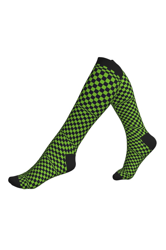 Compression Socks for Men Women -Black Green Checkered Chessboard Knee High Compression Stockings for Men Women