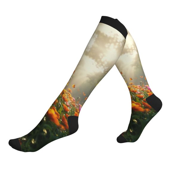 Compression Socks for Men Women -Butterflies In Flower Field Knee High Compression Stockings for Men Women