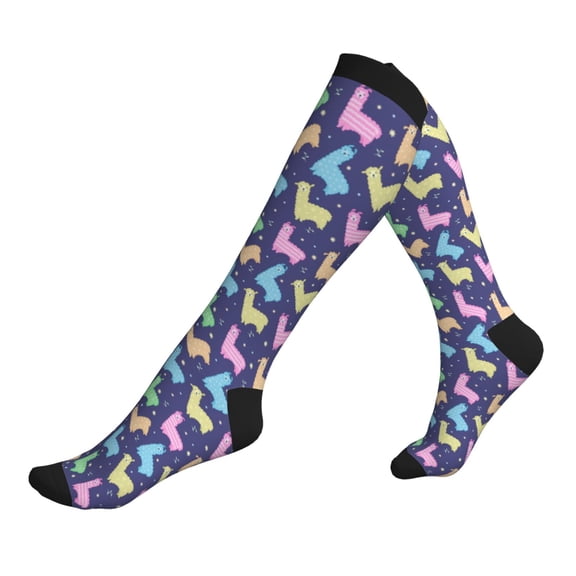Compression Socks for Men Women -Cute Pink Yellow Lamas Navyblue Knee High Compression Stockings for Men Women