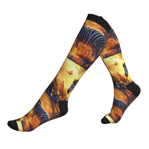 Compression Socks for Men Women -Golden Autumn Maple Leaf Zebra Knee High Compression Stockings for Men Women