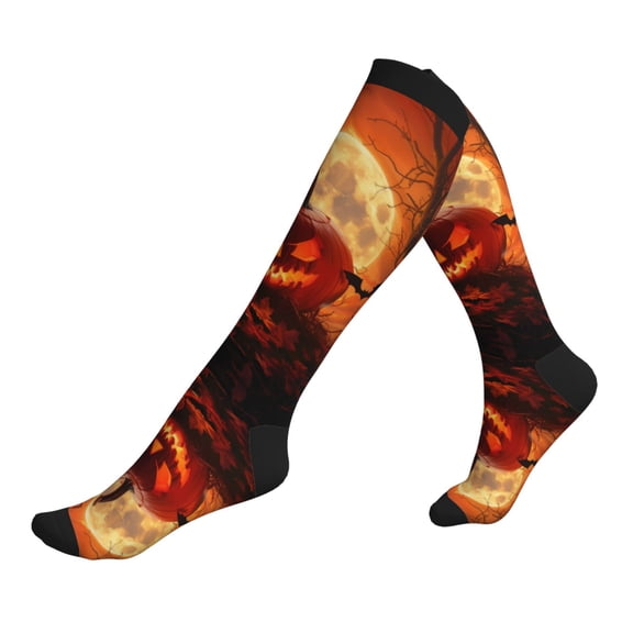 Compression Socks for Men Women -Halloween Full Moon Pumpkin Bat (3) Knee High Compression Stockings for Men Women