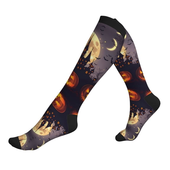 Compression Socks for Men Women -Halloween Haunted Pumpkin Castle Knee High Compression Stockings for Men Women
