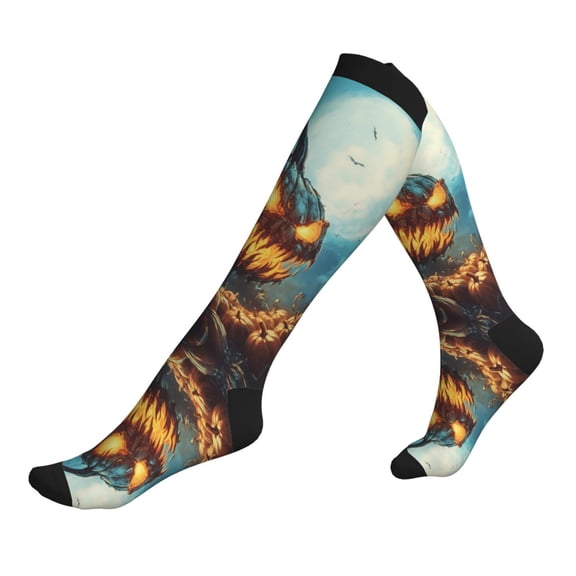 Compression Socks for Men Women -Halloween Pumpkin Monster Moon Knee High Compression Stockings for Men Women