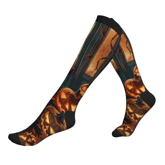 Compression Socks for Men Women -Halloween Vintage Glowing Pumpkin Knee High Compression Stockings for Men Women