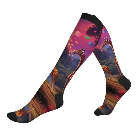 Compression Socks for Men Women -Lantern Giraffes Magical Forest Knee High Compression Stockings for Men Women