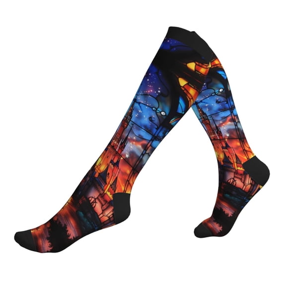 Compression Socks for Men Women -Magical Stained Glass Castle Knee High Compression Stockings for Men Women