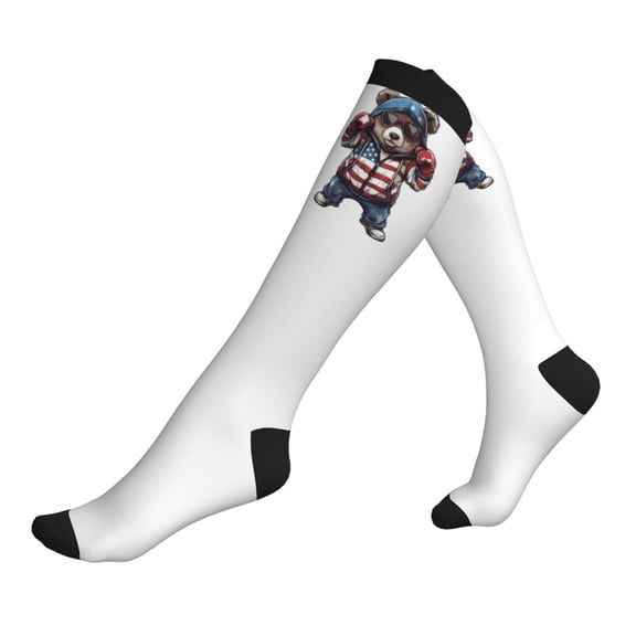 Compression Socks for Men Women -Patriotic Boxing Bear Art Knee High Compression Stockings for Men Women