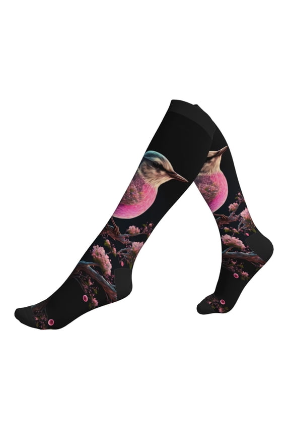 Compression Socks for Men Women -Pink Patterned Bird 2 Knee High Compression Stockings for Men Women