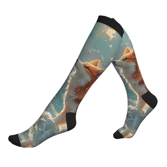 Compression Socks for Men Women -Starry Sky Cloud Fox Knee High Compression Stockings for Men Women