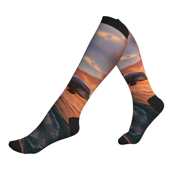 Compression Socks for Men Women -Sunset Dancing Dolphin B Knee High Compression Stockings for Men Women