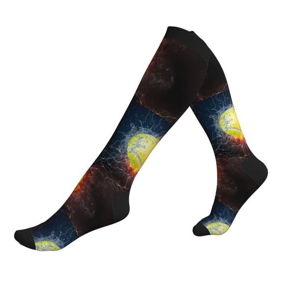 Compression Socks for Men Women -Tennis Ball On Fire And Water Knee High Compression Stockings for Men Women