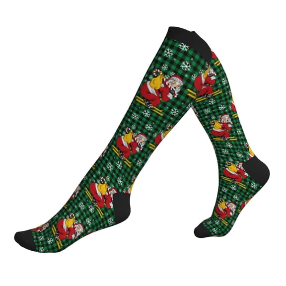 Compression Socks for Men Women -Vintage Santa Skiing Green Plaid Knee High Compression Stockings for Men Women