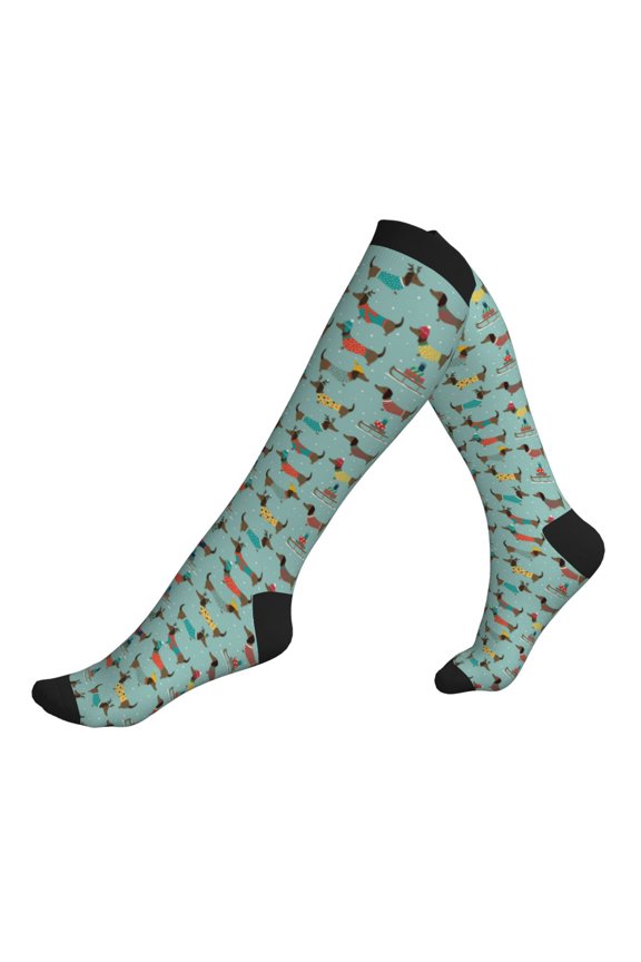 Compression Socks for Men Women -Winter Ski Dachshund Knee High Compression Stockings for Men Women