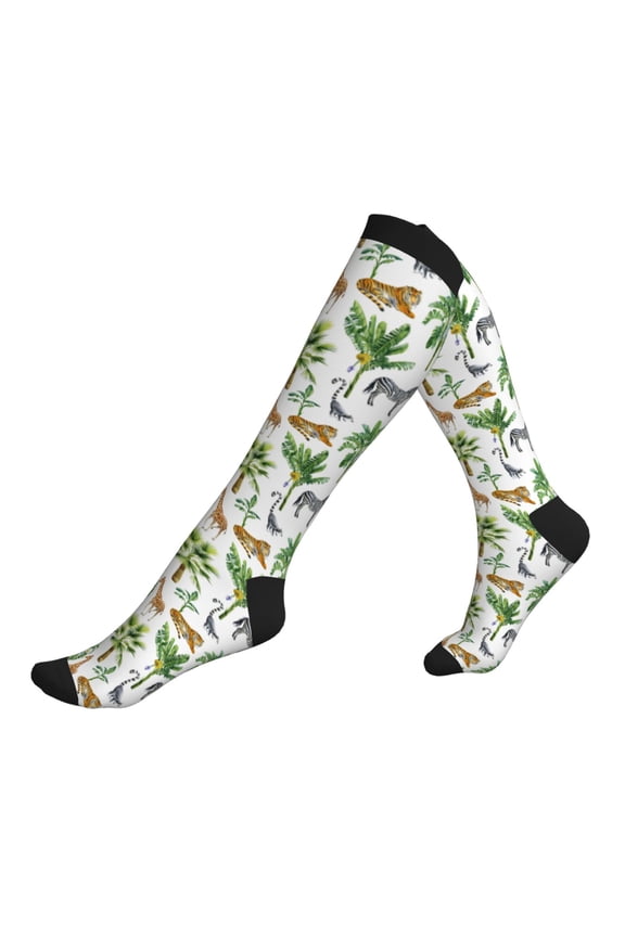 Compression Socks for Men Women -Zebra Tiger Giraffe Tropical Palm Tree Knee High Compression Stockings for Men Women