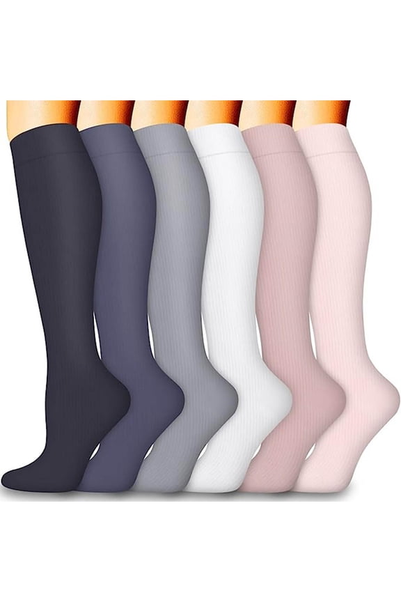 Compression Socks for Women (6 Pairs) Sweat Absorbing Long Tube Knee High for Flying, Work & All-Day Comfortable