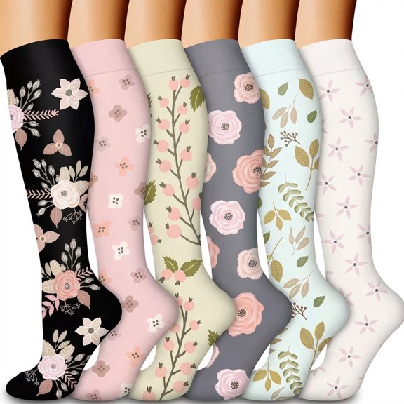 Compression Socks for Women & Men Circulation (6 Pairs) Floral Knee High Support Socks for Running, Travel, Nursing & Athletic Comfort