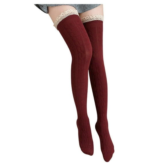 Compression Socks for Women Women's Solid Lace Splice Long Knitted Stockings Thigh High Stockings Red One Size