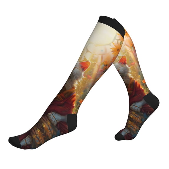 Compression Socks for Women and Men - Sunshine Flower Meditating Cat Compression Socks Circulation for Workout