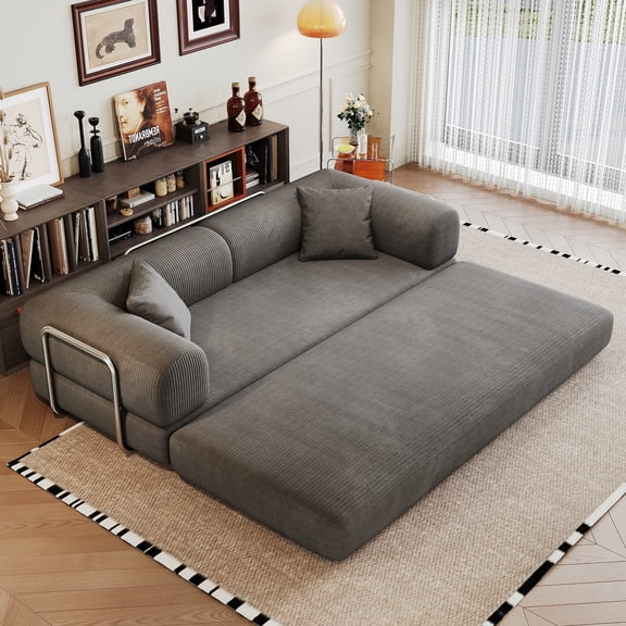Compression Sofa, 78.8" Convertible Floor Sofa Bed with Pillow Back Support, Modular Sectional Sleeper, Corduroy Fabric Futon for Living Room & Bedroom, Gray
