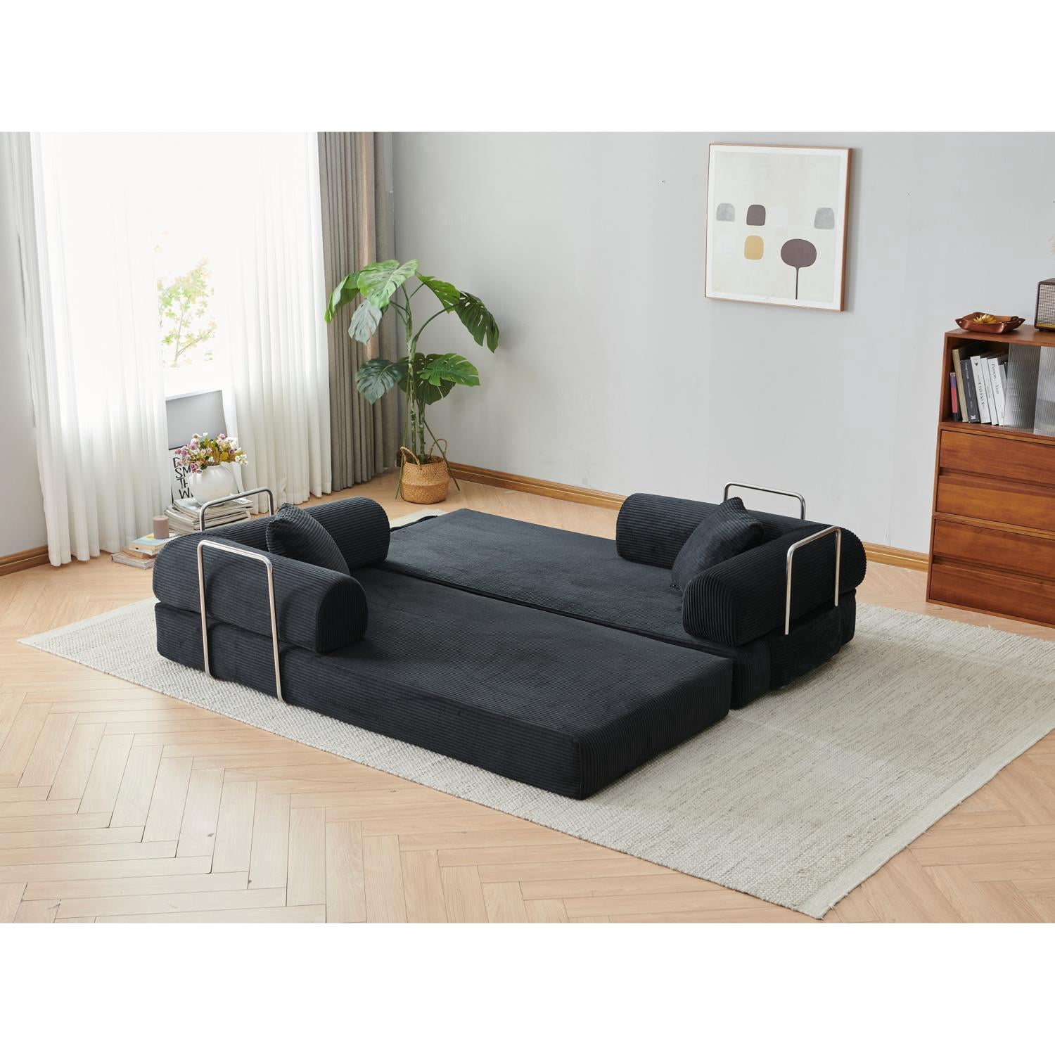 Compression Sofa 78.8 Inch Convertible Floor Sofa Bed, Comfy Futon Couch and Loveseat Sleeper with Pillow Back Support, No Assembly Required, Black