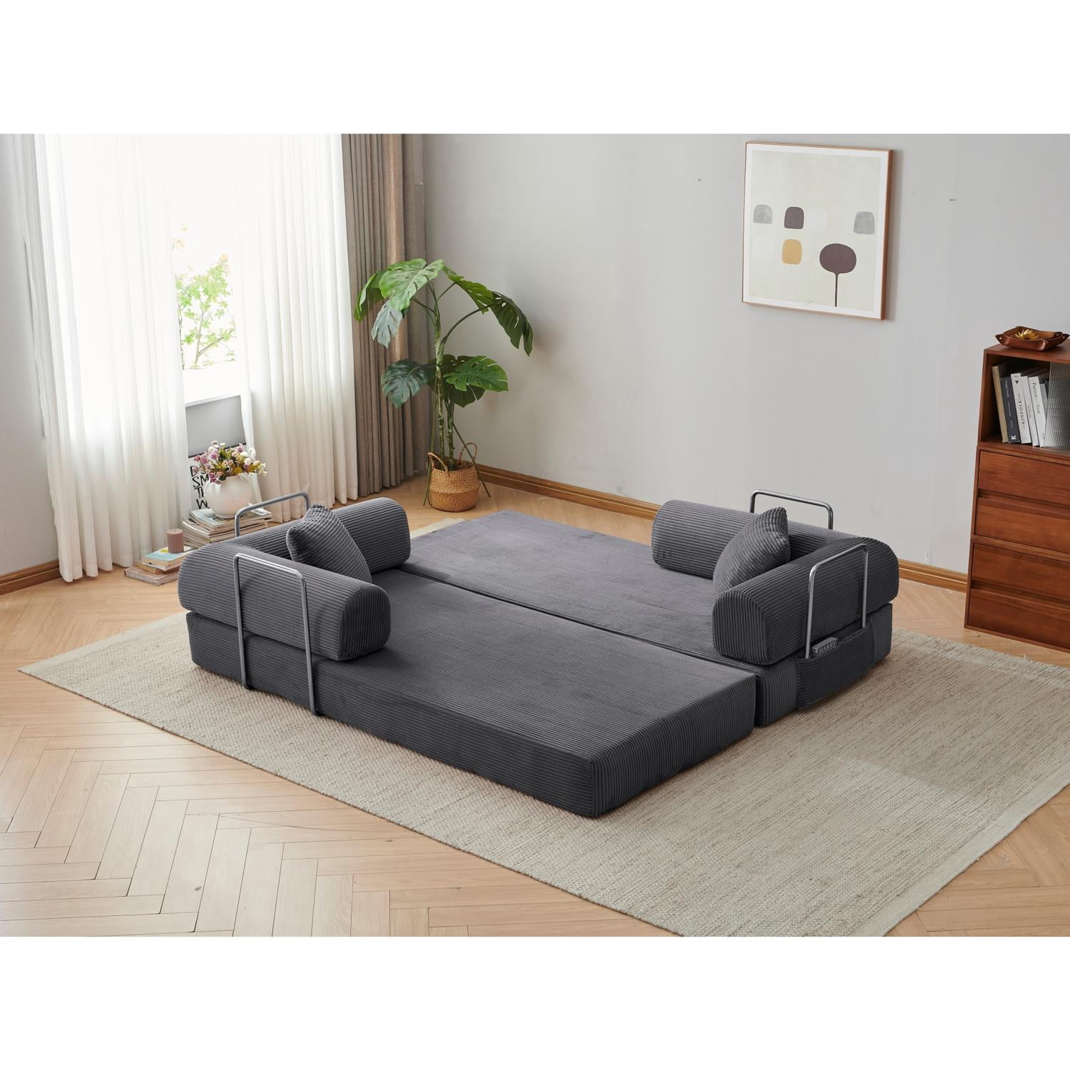 Compression Sofa 78.8 Inch Convertible Floor Sofa Bed, Comfy Futon Couch and Loveseat Sleeper with Pillow Back Support, No Assembly Required, Gray