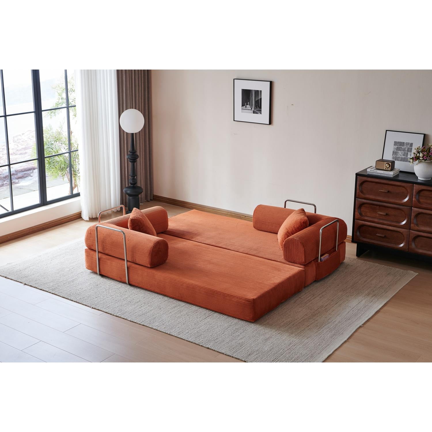 Compression Sofa 78.8 Inch Convertible Floor Sofa Bed, Comfy Futon Couch and Loveseat Sleeper with Pillow Back Support, No Assembly Required, Orange