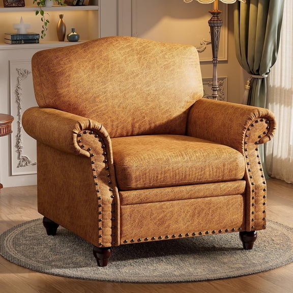 IINNOVZBOM Mid-Century Faux Leather Rolled Arms and Nailhead Trim Accent Chair, Brown