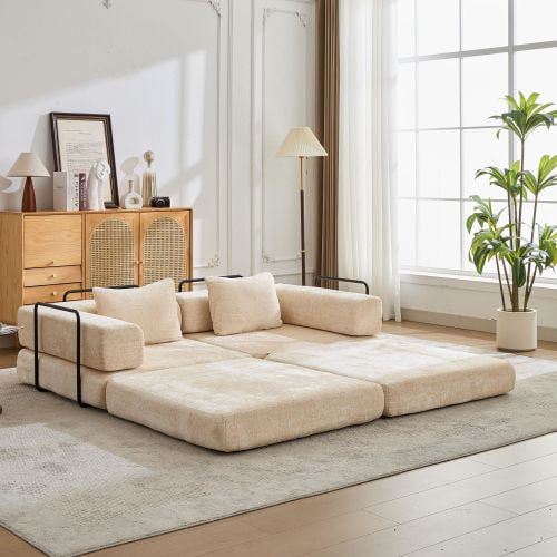 Compression Sofa Bed, Convertible Floor Sofa with Fixed-Shape Frame, Modular Sectional Loveseat, No Assembly Required, Chenille Fabric for Living Room, Bedroom, Apartment, Beige
