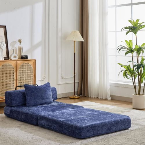 Compression Sofa Bed, Convertible Floor Sofa with Fixed-Shape Frame, Single Seater Boneless Modular Sectional, No Assembly Required, Chenille Fabric for Living Room, Bedroom, Apartment, Dark Blue