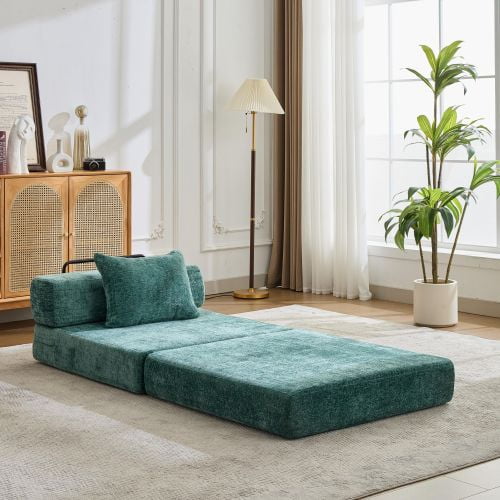 Compression Sofa Bed, Convertible Floor Sofa with Fixed-Shape Frame, Single Seater Boneless Modular Sectional, No Assembly Required, Chenille Fabric for Living Room, Bedroom, Apartment, Dark Green