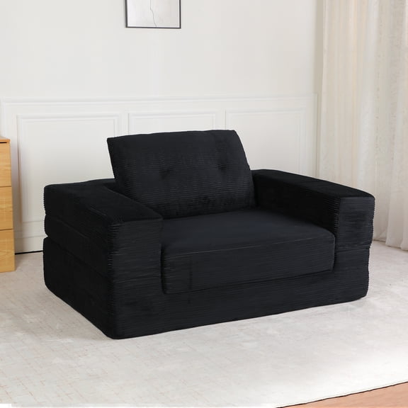 Compression Sofa Bed for Adults & Pets, 3-in-1 Floor Couch with Memory Foam, Corduroy Lounger for Living Room, Bedroom, No Assembly Required,Black