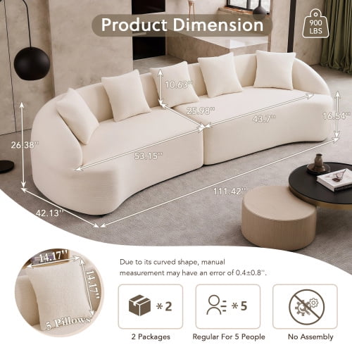 Compression Sofa Black Curved Modular Sectional, 110" Chenille Sleeper Couch with 30D High-Density Foam, No Assembly Required, Modular Couch for Apartment, Living Room, White