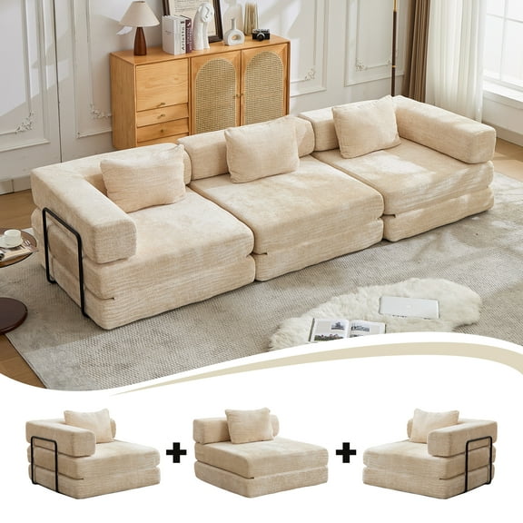 Compression Sofa,Convertible Floor Sofa Bed with Fixed-Shape Frame, Boneless Modular Sectional Sofa,No Assembly Required,Chenille fabric,for Living Room Bedroom,Beige