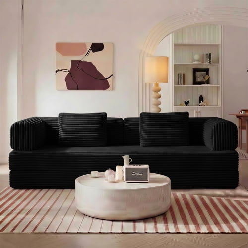 REHOUSING Corduroy Reclining and Convertible Sofa Bed with Pillow Back Support and Armrest, Black