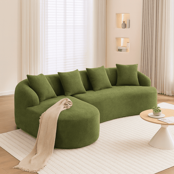 Compression Sponge L-Shape Sectional Sofa with Curved Chaise, Green Modular Chenille Couch No Assembly Required, 30D High-Density for Living Room Bedroom Apartment Lounge.