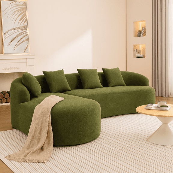 Compression Sponge L-Shape Sectional Sofa with Curved Chaise, Green Modular Chenille Couch No Assembly Required, 30D High-Density for Living Room Bedroom Apartment Lounge.