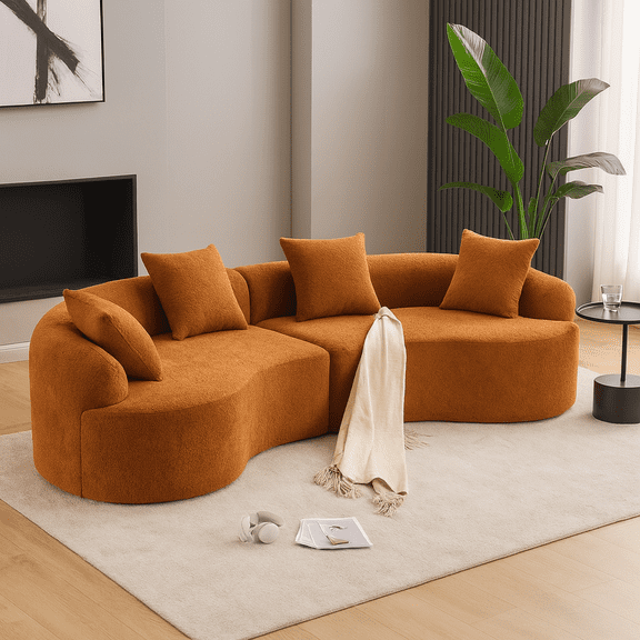 Compression Sponge Sofa Orange Curved Modular Sectional, 30D High-Density Chenille Sleeper Couch for Apartment, Living Room,110"L
