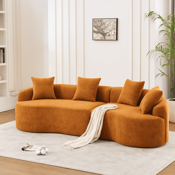 Compression Sponge Sofa Orange Curved Modular Sectional, 30D High-Density Chenille Sleeper Couch for Apartment, Living Room,110"L