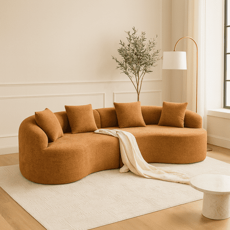 Compression Sponge Sofa Orange Curved Modular Sectional, 30D High-Density Chenille Sleeper Couch for Apartment, Living Room,110"L