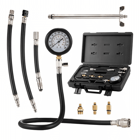 Compression Tester Kit, 9 Pcs Automotive Engine Cylinder Leak Down Tool, 0-300 PSI Gauge, Long Reach Hoses, for Engine Diagnostics and Repair