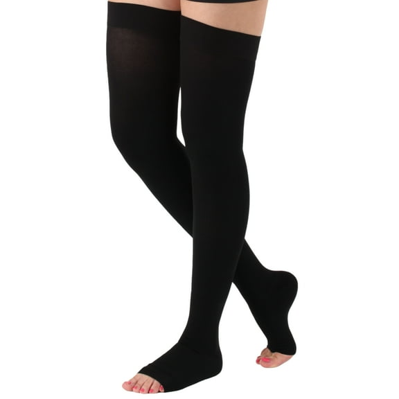 Compression Thigh High for Men and Women 20-30mmHg with Open Toe - Black, X-Large