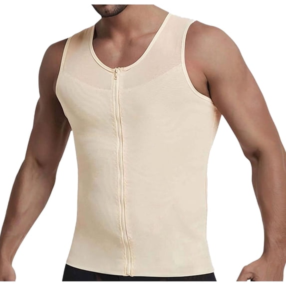 QSAWXQZ Men's Compression Vest Standard Straps Crew Neck Zip-up Sleeveless Body Shaperwear Casual Tank Tops for Tummy Control Beige 2XL