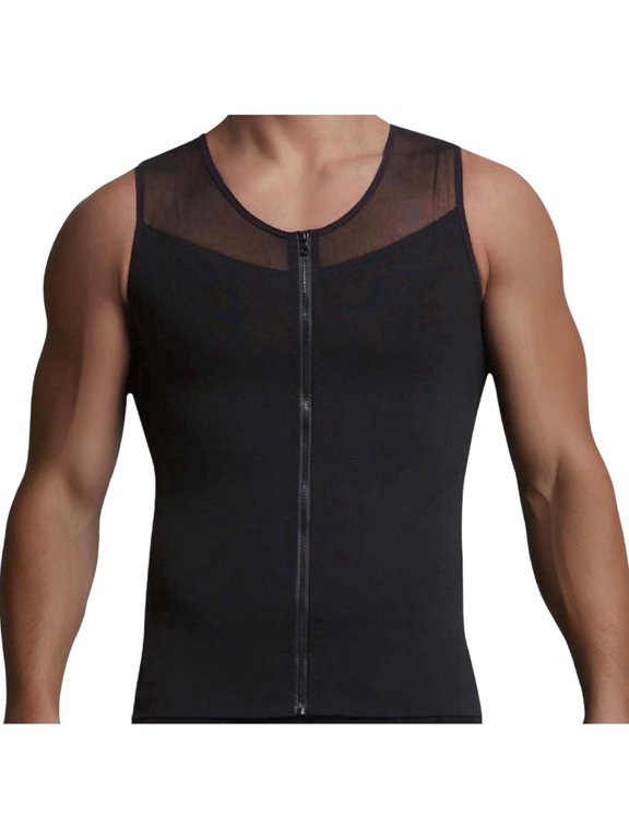 Men's Compression Vest Standard Straps Crew Neck Zip-up Sleeveless Body Shaperwear Casual Tank Tops for Tummy Control Black L