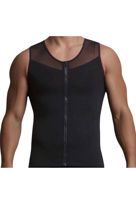 Men's Compression Vest Standard Straps Crew Neck Zip-up Sleeveless Body Shaperwear Casual Tank Tops for Tummy Control Beige M
