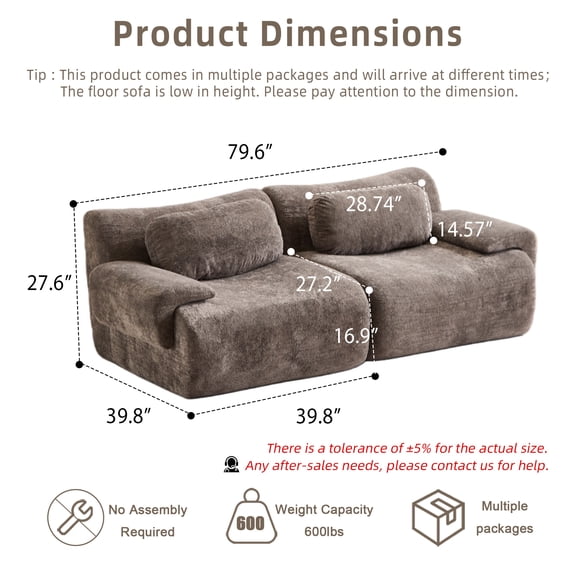 Compression Wave Sofa, Convertible Floor Sofa Bed, DIY Boneless Modular Sectional Sofa, No Assembly Required, Rabbit Velvet Fabric, 2-Seater, Light-grey