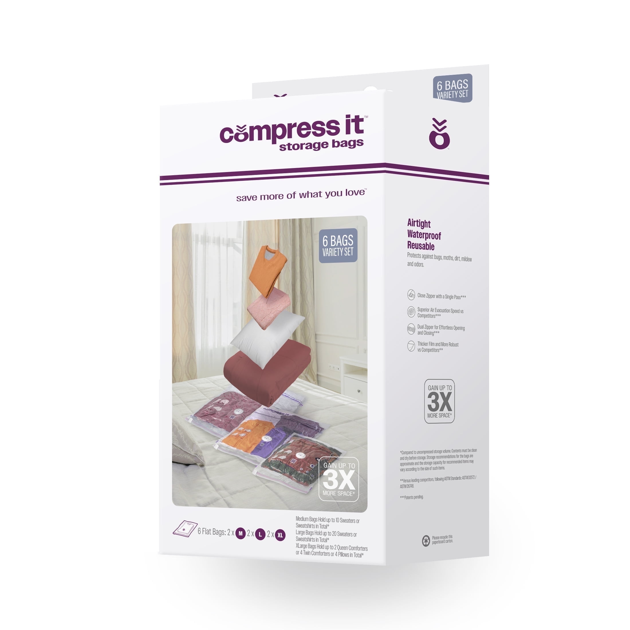 Compressit Storage Vacuum Bags, Manufactured in North America, 2-Medium Flat Bags, 2-Large Flat Bags, 2-XLarge Flat Bags, Set, Closet and Home Organizer, Clear