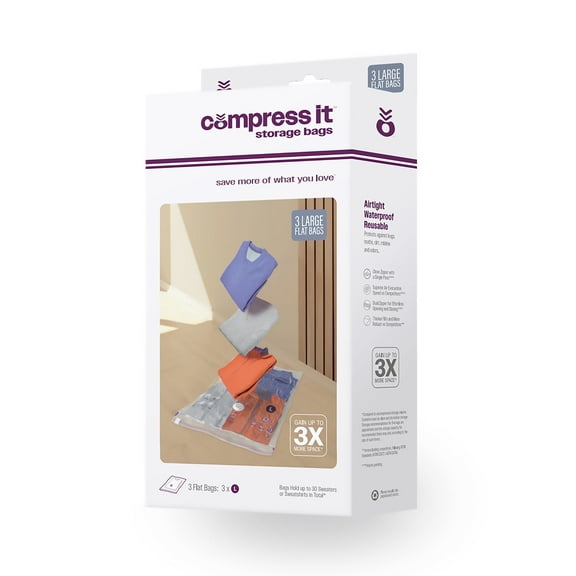 Compressit Storage Bags, 3-Large Space-Saving Vacuum Bags, Flat Compression Set, Closet and Home Organizer, Clear, Manufactured in North America
