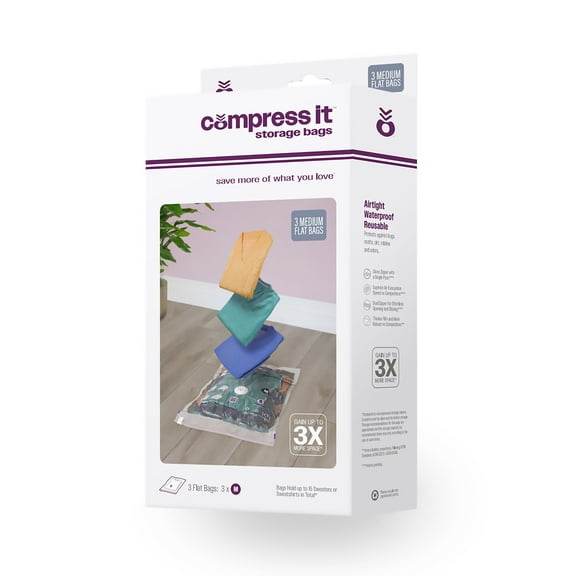 Compressit Storage Bags, 3-Medium Space-Saving Vacuum Bags, Flat Compression Set, Closet and Home Organizer, Clear, Manufactured in North America
