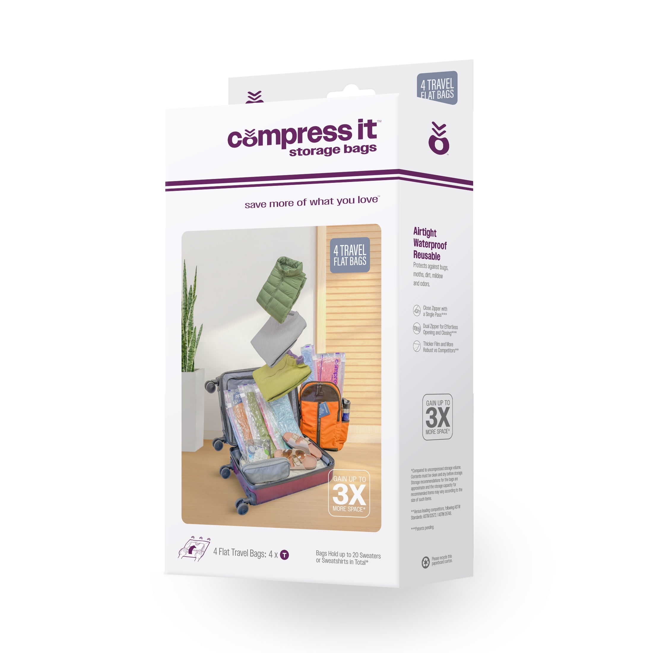 Compressit Storage Bags, 4-Travel Space-Saving Vacuum Bags, Compression Set, Travel Organizer, Clear, Manufactured in North America