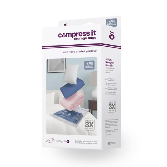 Compressit Storage Bags, 2 X-Large Space-Saving Vacuum Bags, Flat Compression Set, Closet and Home Organizer, Clear, Manufactured in North America